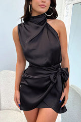 BXOXO - Satin High Neck Wrap Mini Dress