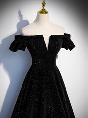 BXOXO A-Line Off Shoulder Velvet Black Long Prom Dresses, Black Formal Evening Dress