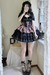 BXOXO - Black/Pink Ancient Dream of the Dark Night Print Ruffle Gothic Lolita Jsk Dress