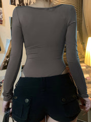 BXOXO - summer inspo Autumn Hotsweets Slim Long Sleeve Bodysuit Women Simple Lace Trim Square Collar Bow Rompers Trendy Clothing