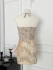 BXOXO Summer French Sexy Seductive Hot Girl 2 Piece Set Women Lace Slim Halter Top+Sequins Mini Bag Hip Skirts Nightclub Fashion Suit