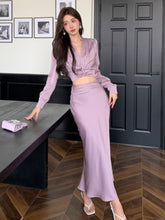BXOXO party look inspos Autumn Korean Solid 2 Pieces Set Women Elegant V-Neck Long Sleeve Pleated Shirt Tops and High Waist A-Line Mermaid Skirt Suits