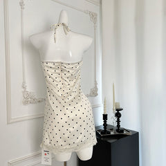 BXOXO - summer inspo Halter Polka Dot Dress Women Summer Gentle Style Sleeveless Sweet Slim Dress Fashion Lace Patchwork A-line Dress