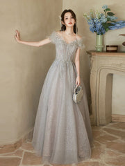 BXOXO A-Line Off Shoulder Tulle Sequin Gray Long Prom Dress, Gray Formal Dress