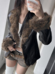 BXOXO - summer inspo Autumn New Clothes Women’s Leather Coat Long Sleeve Spliced Faux Trim Button Slim Fit Chic Coat