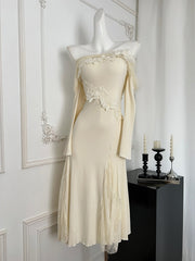 BXOXO - summer inspo Autumn New Slash Neck Mermaid Midi Dress for Women Off Shoulder Lace Splicing Long Dress Vintage Party Dresses Prom Robe