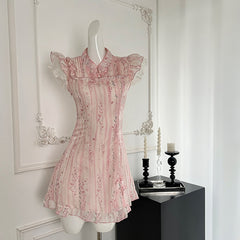 BXOXO - summer inspo Summer New Chinese Style Slim Fit Dresses Fashionable Improved Qipao Sweet Pink Flower Print Dress