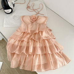 BXOXO - summer inspo Fashion Sweet Roses Multilayers Ruffles Dress Hanging Neck Pleated Lotus Irregular Backless Dress Wrinkled Skirt Vestidos