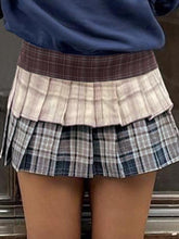 BXOXO - Vintage Contrast Plaid Double-Layer Pleated Skirt