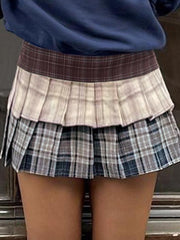 BXOXO - Vintage Contrast Plaid Double-Layer Pleated Skirt