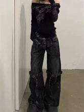 BXOXO Y2K Gothic Women Jeans Grunge Hip Hop Harajuku Black Denim Trousers Female Vintage Streetwear Punk High Waist Denim Pant