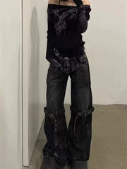 BXOXO Y2K Gothic Women Jeans Grunge Hip Hop Harajuku Black Denim Trousers Female Vintage Streetwear Punk High Waist Denim Pant