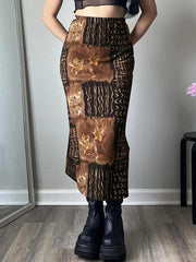 Vintage Random Print Elastic Waist Midi Skirt
