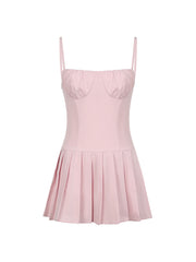 BXOXO - summer inspo Solid Sleeveless Fit And Flared Spaghetti Strap Pleated Dresses Women Sweet Style Summer Clothes