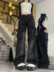 BXOXO Vintage Y2k Women Black Baggy Cargo Jeans with Star Gothic Harajuku 90s Aesthetic Denim Trousers Kpop 2000s Jean Pants