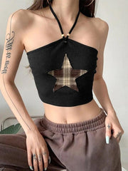 Star Patch Black Halter Crop Cami Top