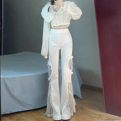 BXOXO party look inspos High Waist Flare Pants Women Fairycore Lace Sexy Cut Out Graphic Sense Spliced Pocket Lacework Elastic Waist Wide Leg Pants