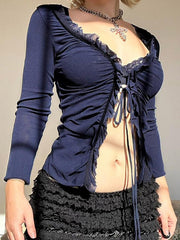 BXOXO - Mesh Sheer Tie V-Neck Long Sleeve Top