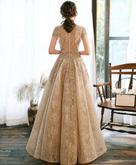 BXOXO Champagne High Neck Lace Prom Dress, Champagne Lace Formal Dress