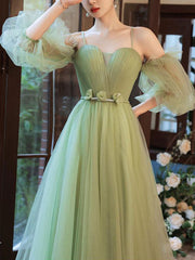 BXOXO Simple A line Green Long Prom Dress, Green Tulle Bridesmaid Dress