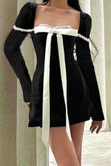 BXOXO - Square Neck Bow Tie Striped Long Sleeve Mini Dress