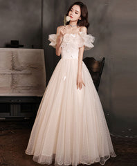 BXOXO DRESS TO IMPRESS Champagne Long Prom Dress, A line Tulle Formal Graduation Dress with Butterfly