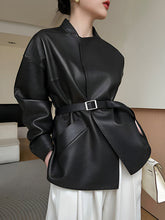 BXOXO Long Sleeves Loose Belted Solid Color Stand Collar Jackets Outerwear