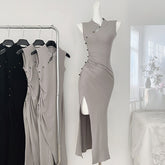 BXOXO - summer inspo Sexy Sleeveless Dress Women Slim Fit Side Slit Irregular Maxi Dress Summer New Fashion Cheongsam Hip Wrap Dresses