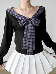 BXOXO - V-Neck Plaid Tie Bow Contrast Long Sleeve Top