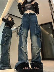 BXOXO Vintage Y2k Women Black Baggy Cargo Jeans with Star Gothic Harajuku 90s Aesthetic Denim Trousers Kpop 2000s Jean Pants