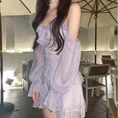 BXOXO party look inspos Autumn Clothes Korea Ladies French Elegant Strap Dress Women Casual Long Sleeve Vintage Mini Dress Female Evening Party Y2k