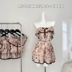 BXOXO - summer inspo Fashionable Sweet Two Piece Set Women Slash Neck Short Sleeve Tops High Waist A-Line Skirt Patchwork Ruffles Sets 2025 New