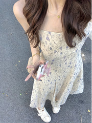 BXOXO French Floral Cami Midi Dress for Women - V-Neck, Slimming Waist Cinch, A-Line Silhouette, Breathable Polyester, Perfect for Summer Outings, Casual Wear | Waist Cinch Dress | Stylish Fishtail, Chic Dress