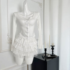 BXOXO - summer inspo 2025 Summer New Fashion Solid Color Casual Long-sleeved T-shirt Women + High Waist Lace Patchwork A-line Skirt Two-piece Set