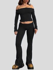 BXOXO - summer inspo Women Solid Skinny Ruched Off Shoulder Long Sleeve Tee Shirt And Flared Pants 2 Pieces Sets