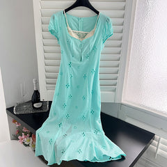 BXOXO - summer inspo 2025 New French Style Vintage Dress Women Summer Embroidery Short Sleeve Square Collar Hollow Out Dresses Sweet Fishtail Dress