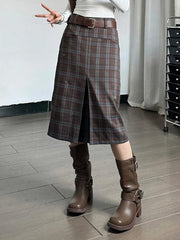 Vintage Plaid High Rise Slit No Belt Midi Skirt