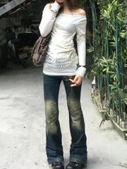 BXOXO Sexy Off Shoulder T-shirt Y2k Vintage 2000s Japanese Street Style Tops Harajuku See Through Long Sleeve Tops Slim Up