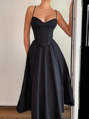 BXOXO - summer inspo Sweetown Sleeveless Fit And Flare Elegant Fashion Spaghetti Straps Dresses Women Black Solid Sexy Birthday Evening Party Dress