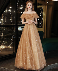 BXOXO DRESS TO IMPRESS Gold A line Long Prom Dresses, Shiny Off Shoulder Gold Formal Graduation Dress