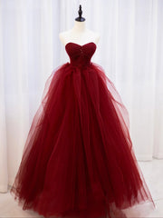 BXOXO Burgundy Off Shoulder Tulle Lace Long Prom Dresses, Burgundy Formal Graduation Dresses