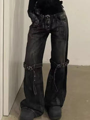 BXOXO Y2K Gothic Women Jeans Grunge Hip Hop Harajuku Black Denim Trousers Female Vintage Streetwear Punk High Waist Denim Pant