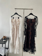 BXOXO - summer inspo Women's Knitted Dress Lace Mesh Patchwork Long Sleeve Square Collar Lace Up Sexy Mermaid Skirt Spring New Club Party Dress