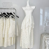 BXOXO - summer inspo Women Solid Color Beach Style Casual Two Piece Set Bow Irregular Slim Suspender Vest+A-line High Waist Long Skirts Set