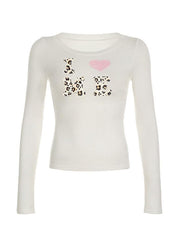 BXOXO - Leopard Print Letter Graphic Crew Neck Top