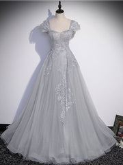 BXOXO Gray Sweetheart Neck Tulle Lace Long Prom Dress, Gray Evening Dress