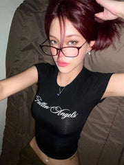 Bxoxo Vintage Streetwear Hip Hop Gothic Grunge Punk Harajuku Women's Crop Tops Sexy Slim Rock Hot Girls Black O-Neck Baby Short Sleeve