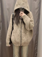 BXOXO Vintage Zipper Hooded Knitted Cardigan Women Casual Oversized Knitwear Preppy Style Solid Warm Sweaters Coat Harajuku