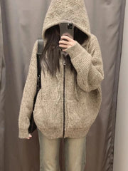 BXOXO Vintage Zipper Hooded Knitted Cardigan Women Casual Oversized Knitwear Preppy Style Solid Warm Sweaters Coat Harajuku