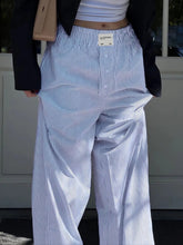 BXOXO - summer inspo Sweetown Blue Stripe Casual Loose Baggy Trousers For Women Button Details Elastic High Waist Boho Fashion Straight Leg Pants